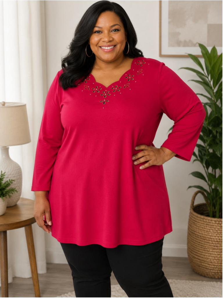Quacker Factory Tunic Top Red Embellished Neckline Women’s Plus Size 3x